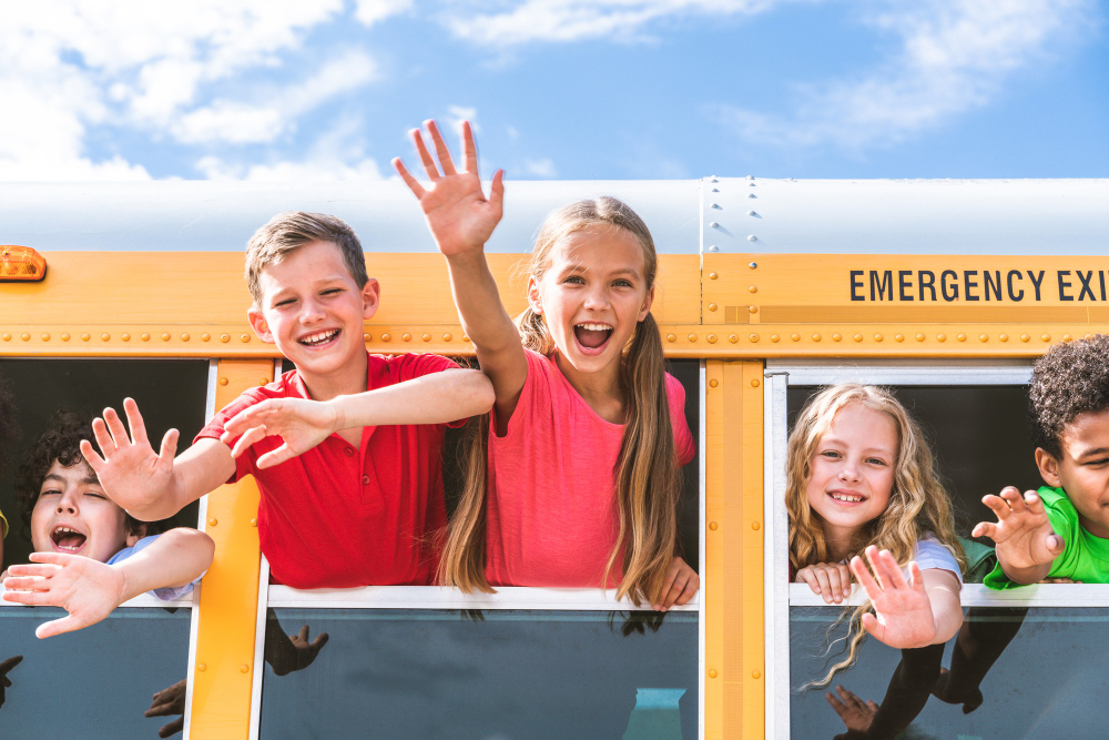 group-young-students-attending-primary-school-yellow-school-bus-elementary-school-kids-ha1ving-fun